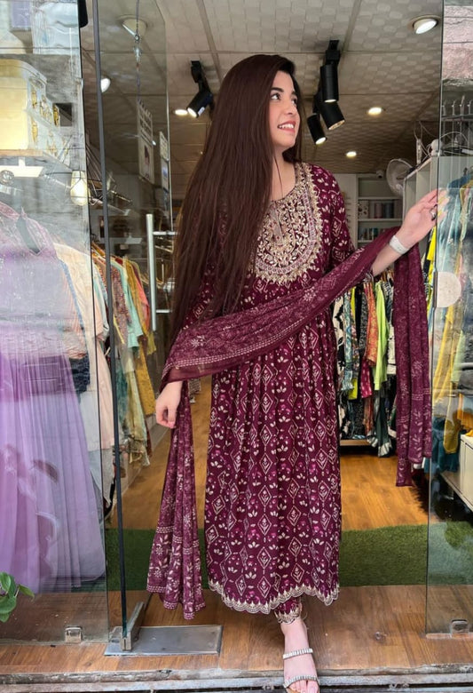 Wine Rayon Naira Cut Embroided Kurta and Pant with Dupatta