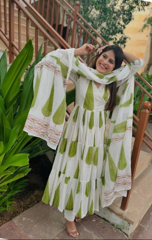 White & Green cotton printed long Anarkali with Dupatta