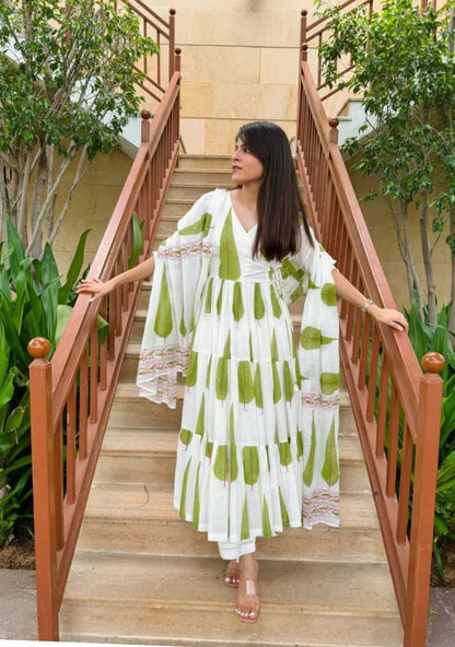 White & Green cotton printed long Anarkali with Dupatta