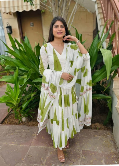 White & Green cotton printed long Anarkali with Dupatta