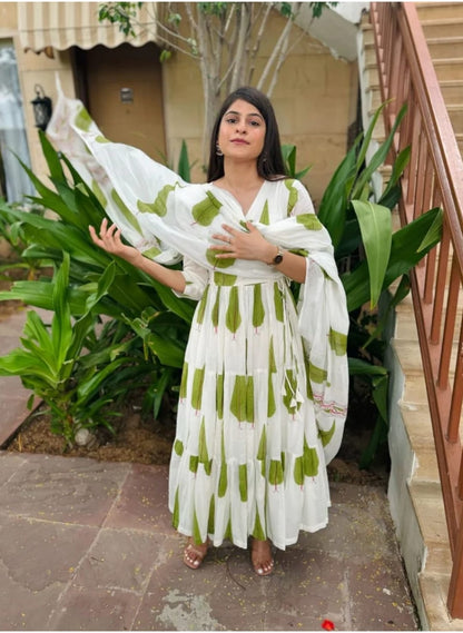 White & Green cotton printed long Anarkali with Dupatta