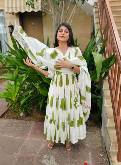 White & Green cotton printed long Anarkali with Dupatta