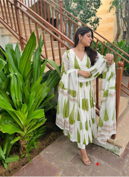 White & Green cotton printed long Anarkali with Dupatta