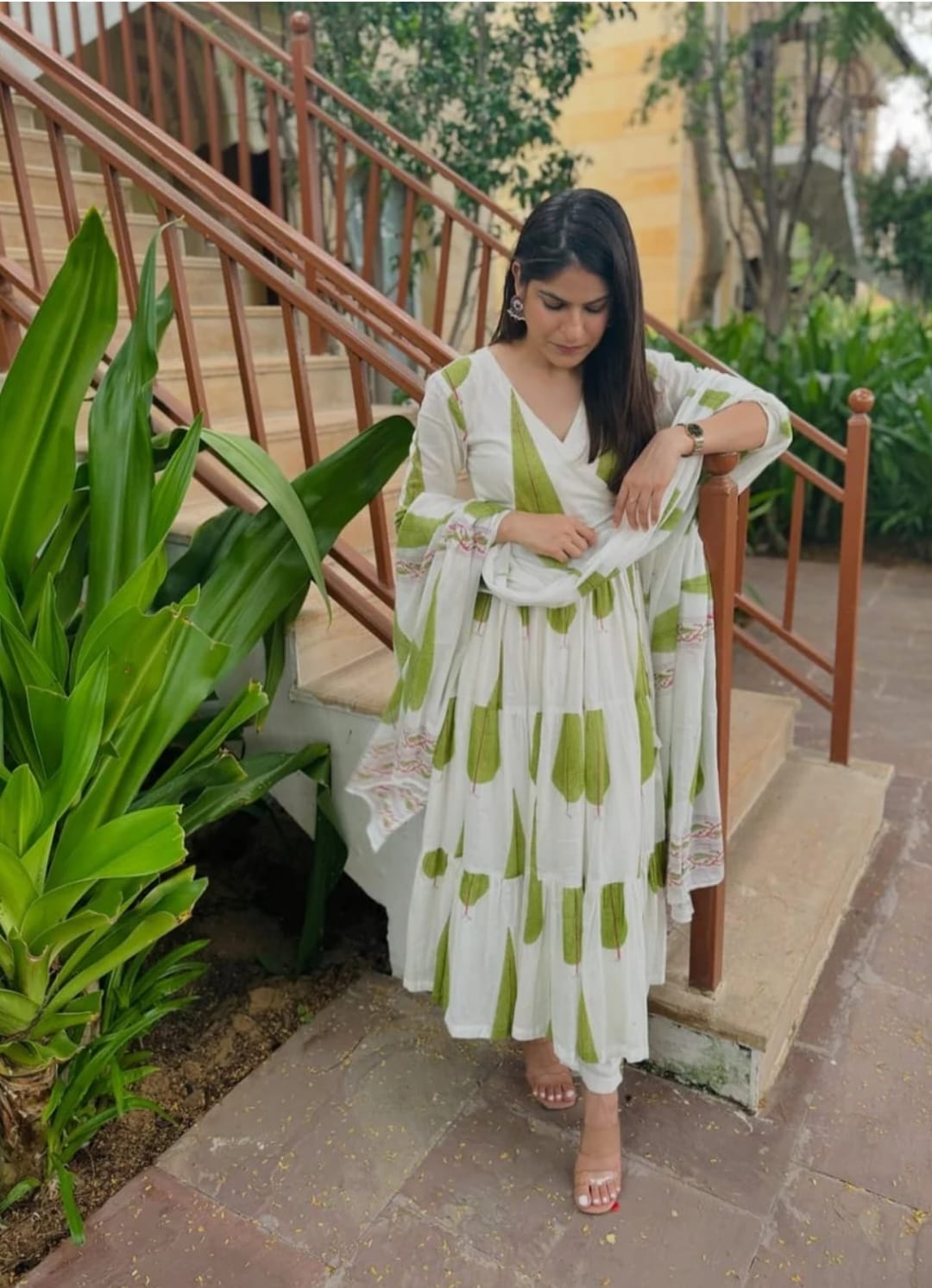 White & Green cotton printed long Anarkali with Dupatta