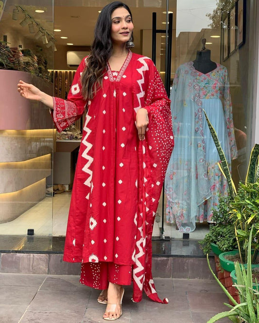 Cotton Red Kurta and  Pant with Dupatta WR