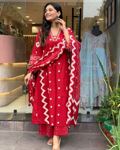 Cotton Red Kurta and  Pant with Dupatta WR