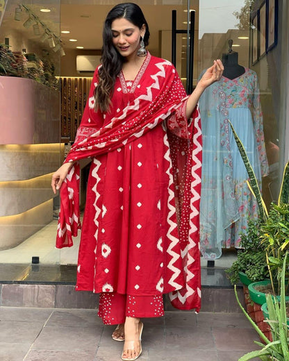 Cotton Red Kurta and  Pant with Dupatta WR