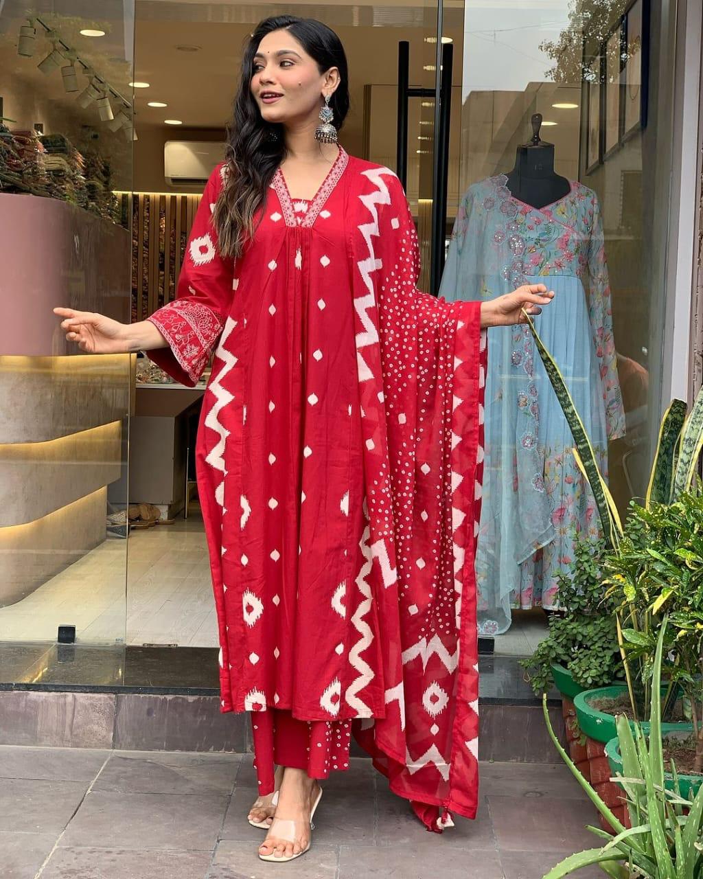 Cotton Red Kurta and  Pant with Dupatta WR