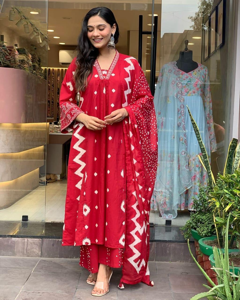 Cotton Red Kurta and  Pant with Dupatta WR