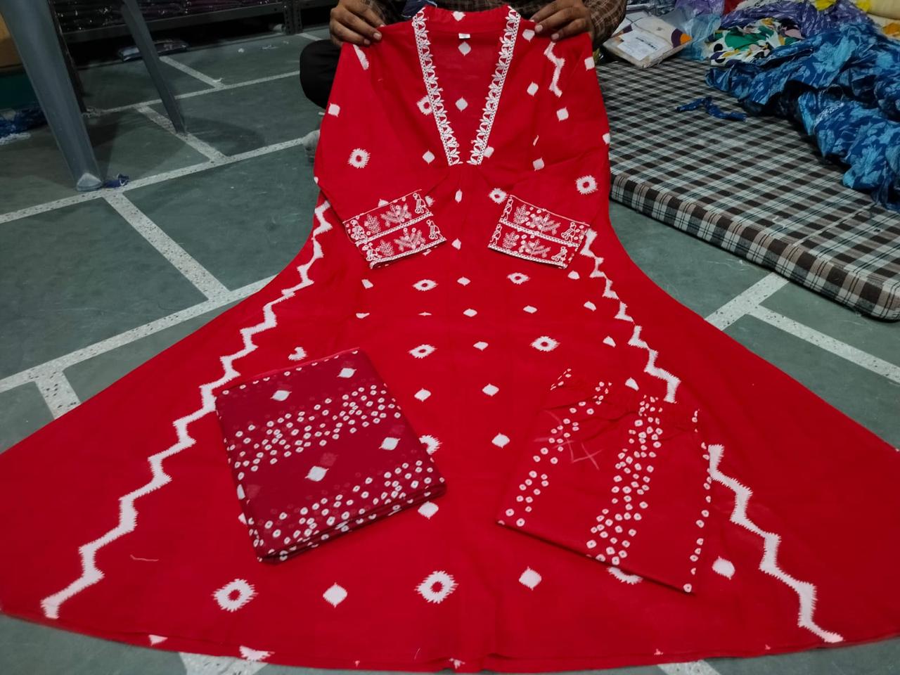 Cotton Red Kurta and  Pant with Dupatta WR