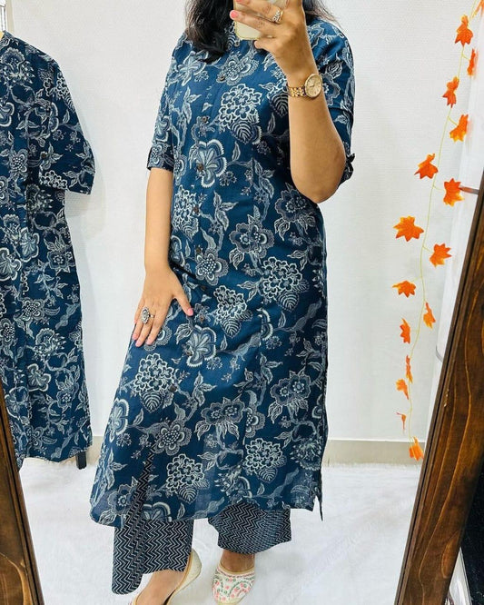 Blue Cotton Kurta And Pant Co-Ord Set