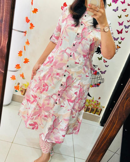 Pink Cotton Kurta And Pant Co-Ord Set