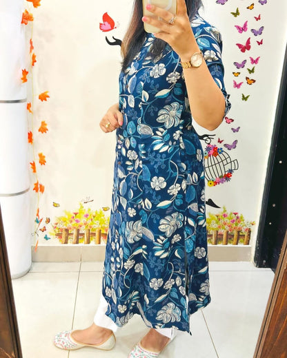 Flower Blue Cotton Kurta And Pant Co-Ord Set