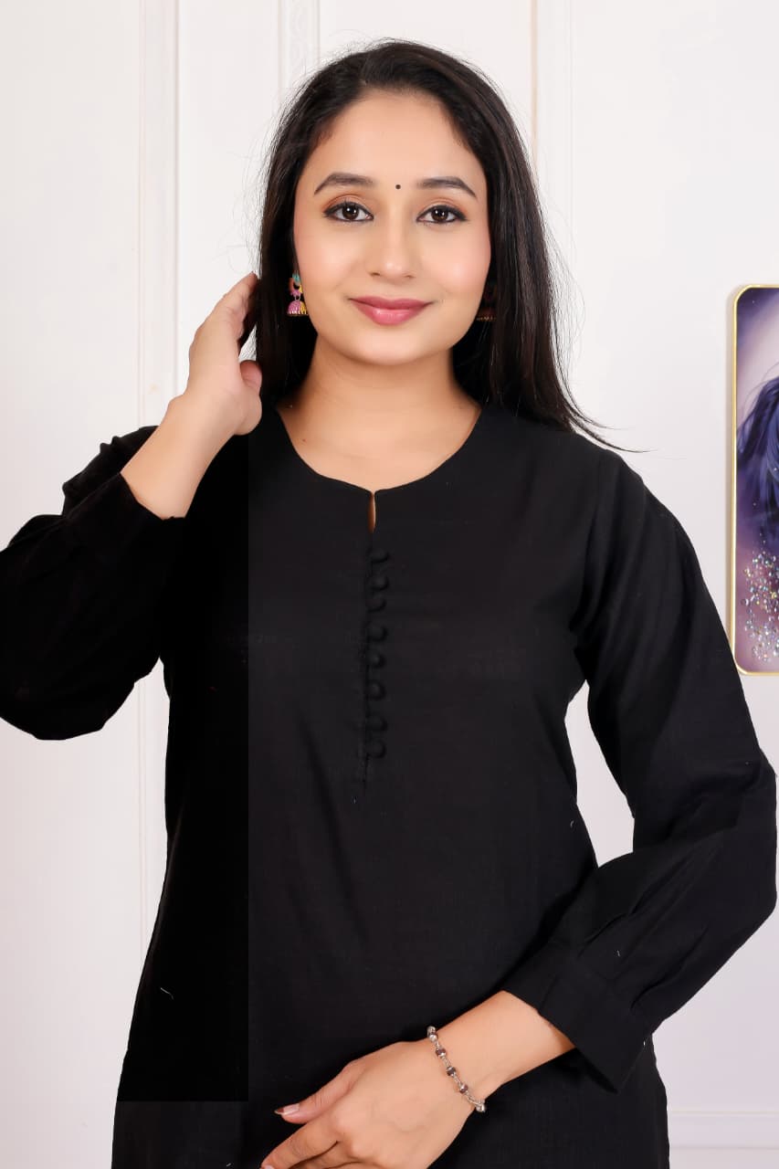 Cotton Slub New Printed Kurta Pant Set Black