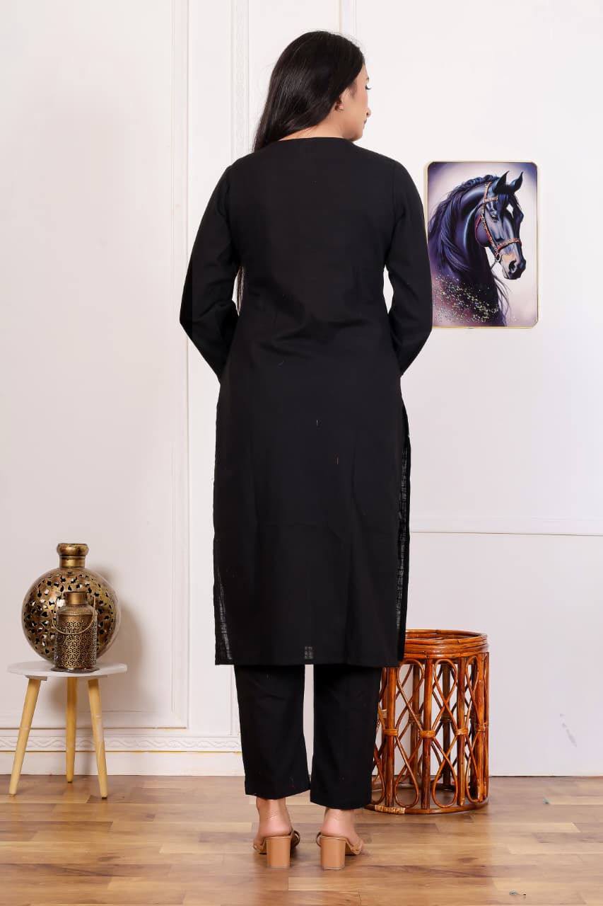 Cotton Slub New Printed Kurta Pant Set Black