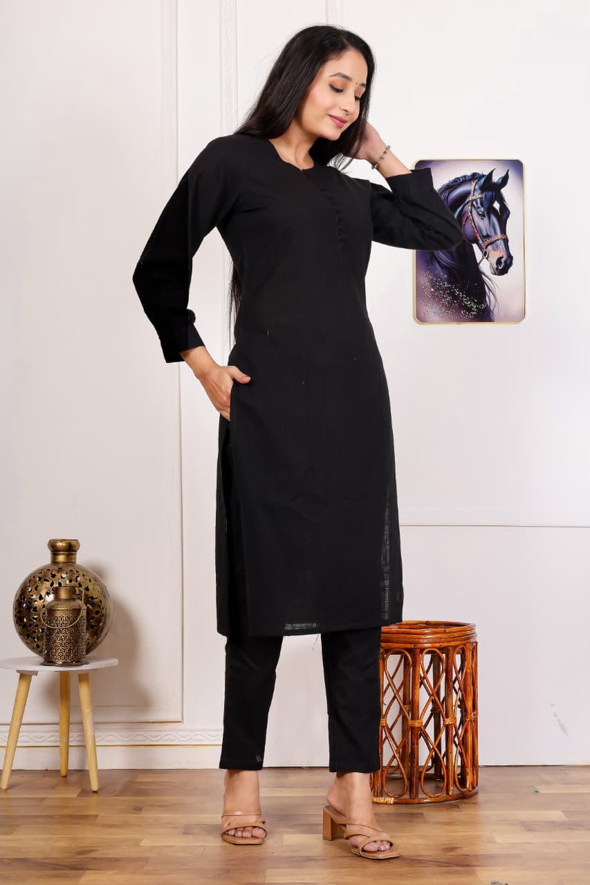 Cotton Slub New Printed Kurta Pant Set Black