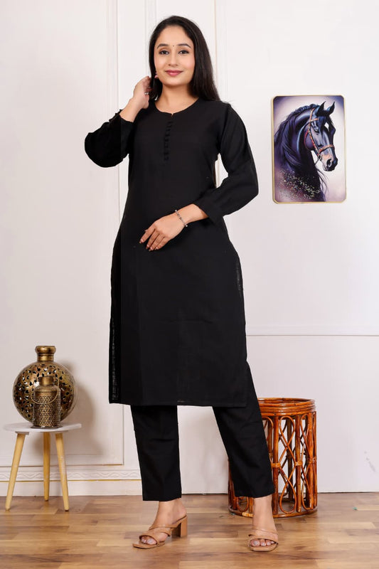 Cotton Slub New Printed Kurta Pant Set Black