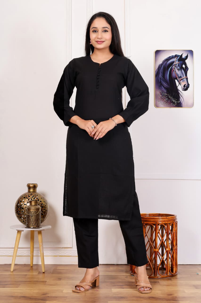 Cotton Slub New Printed Kurta Pant Set Black