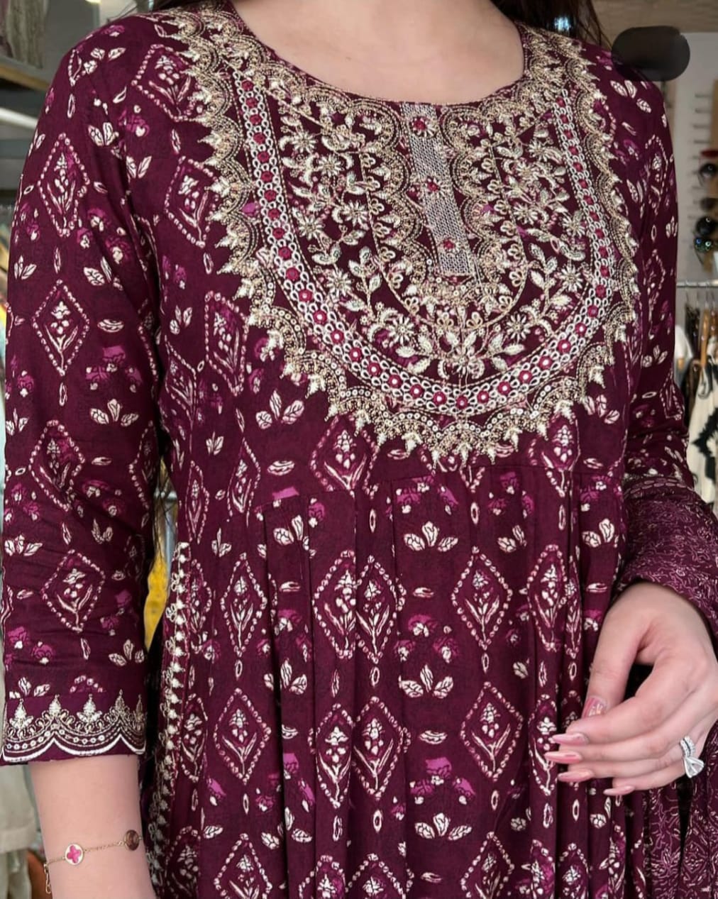 Wine Rayon Naira Cut Embroided Kurta and Pant with Dupatta