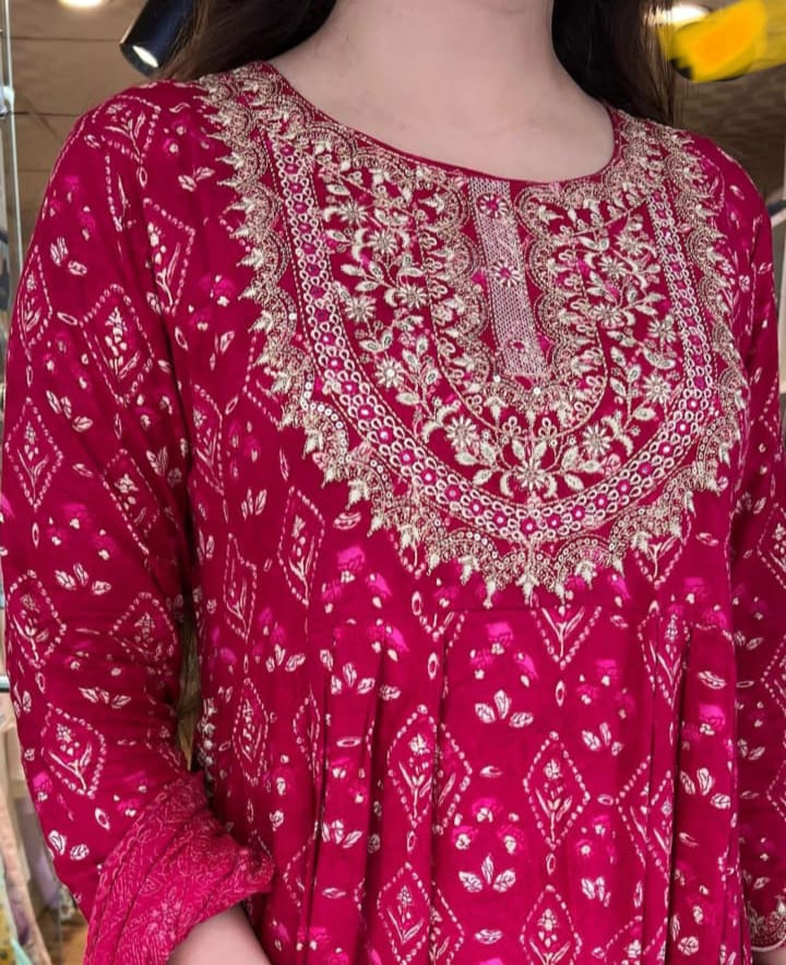 Red Rayon Naira Cut Embroided Kurta and Pant with Dupatta