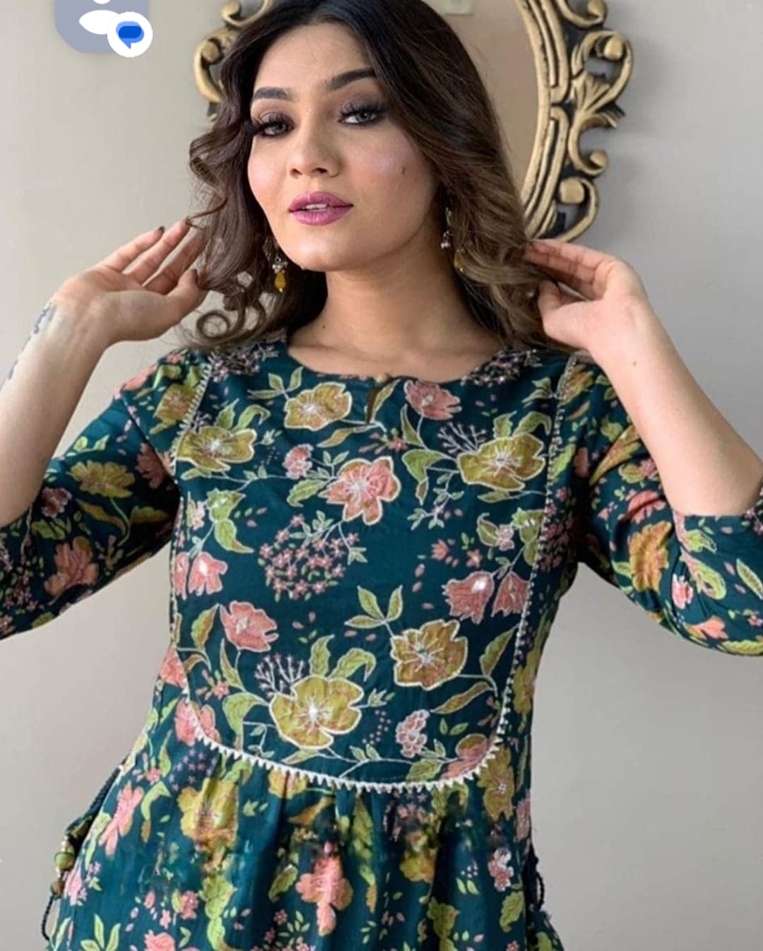 Rayon Green Flower Naira Cut Kurta Pant