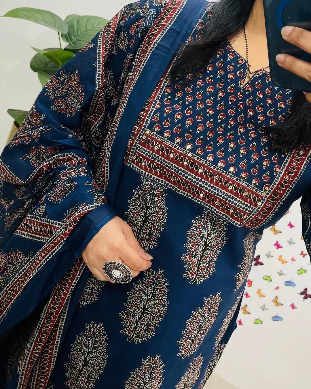 Pure Cotton Kurta Pant Dupatta Set New Printed Blue