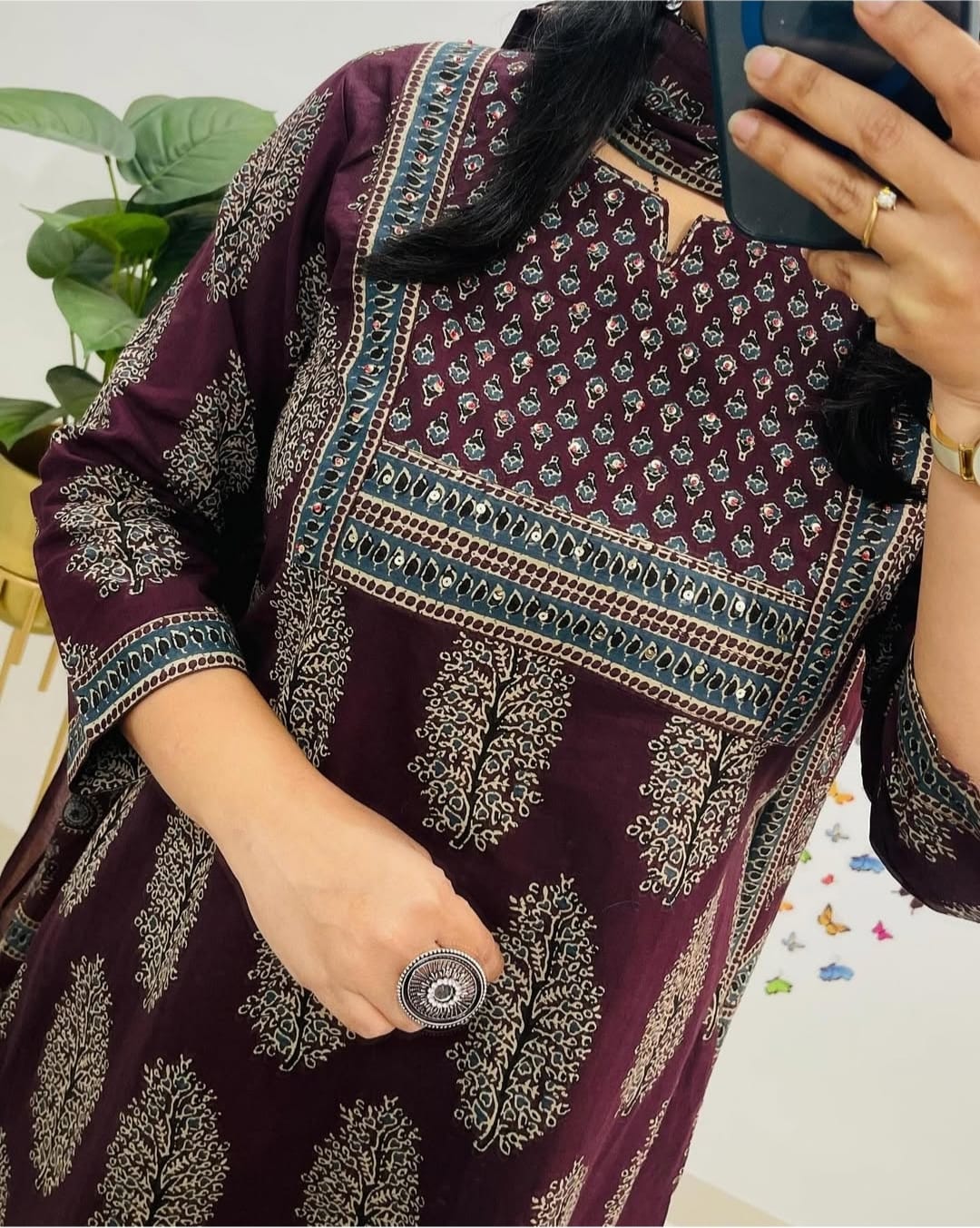 Pure Cotton Kurta Pant Dupatta Set New Printed Meroon