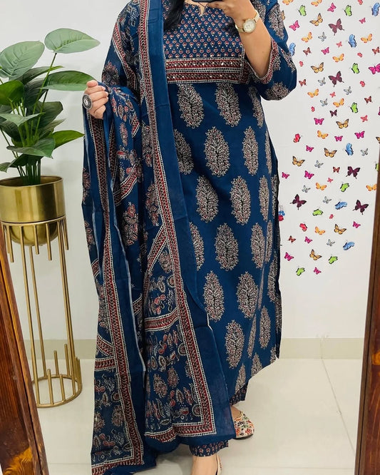 Pure Cotton Kurta Pant Dupatta Set New Printed Blue