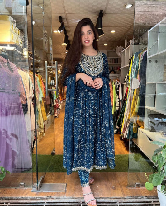 Blue Rayon Naira Cut Embraided Kurta and Pant with Dupatta