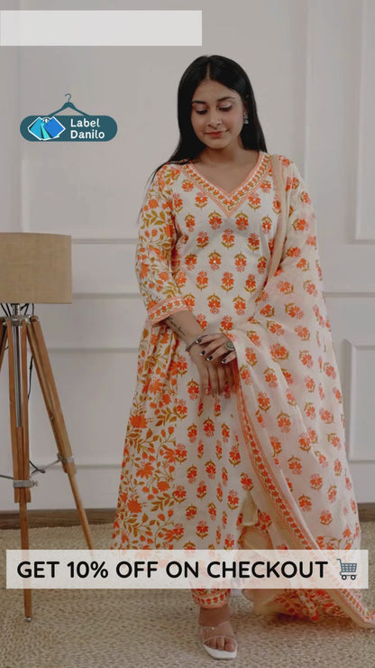 Off White Orange Cotton Kurta and Pant with Dupatta